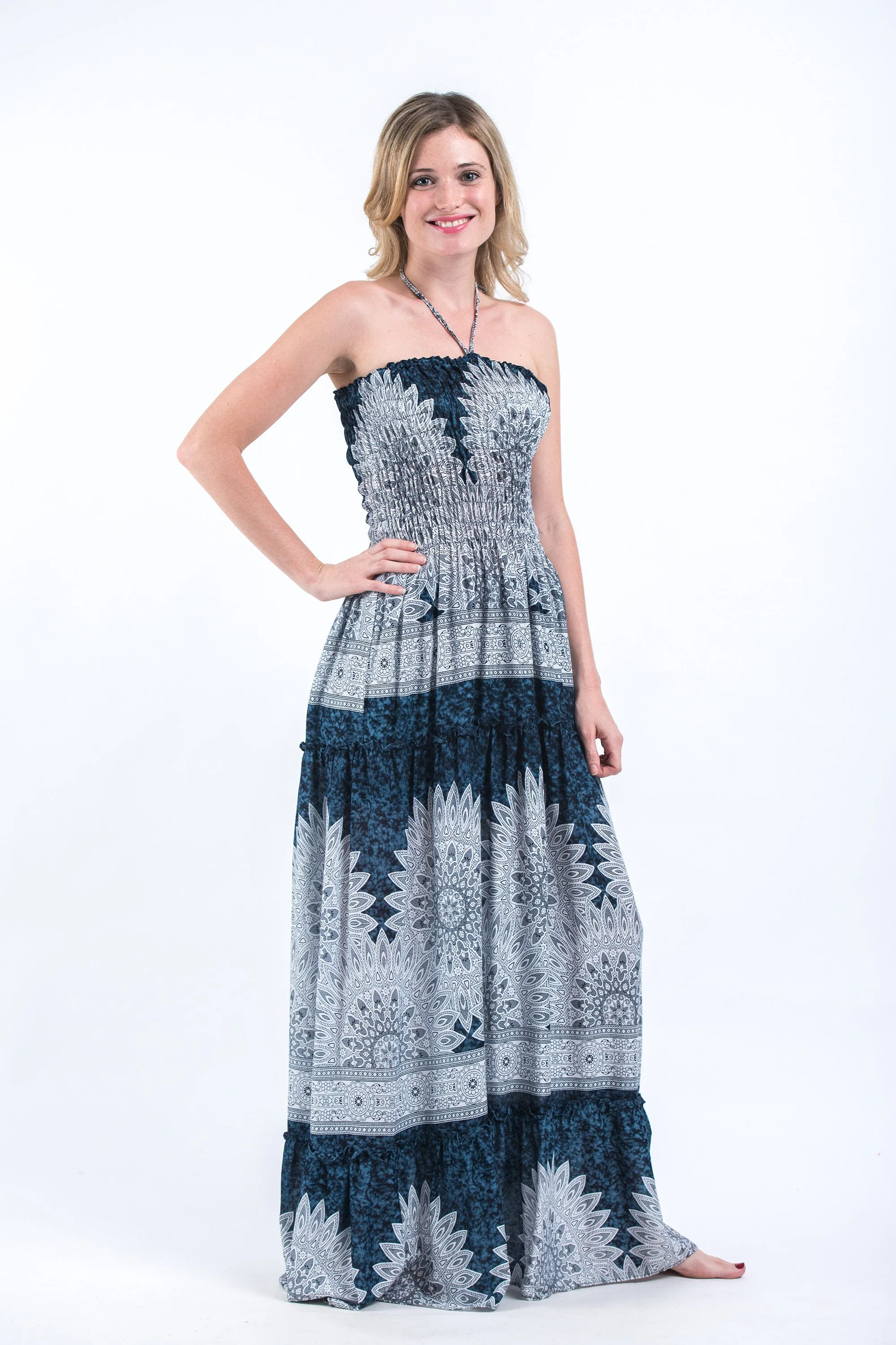 Marble Mandalas Smocked Bandeau Maxi Dress in Indigo