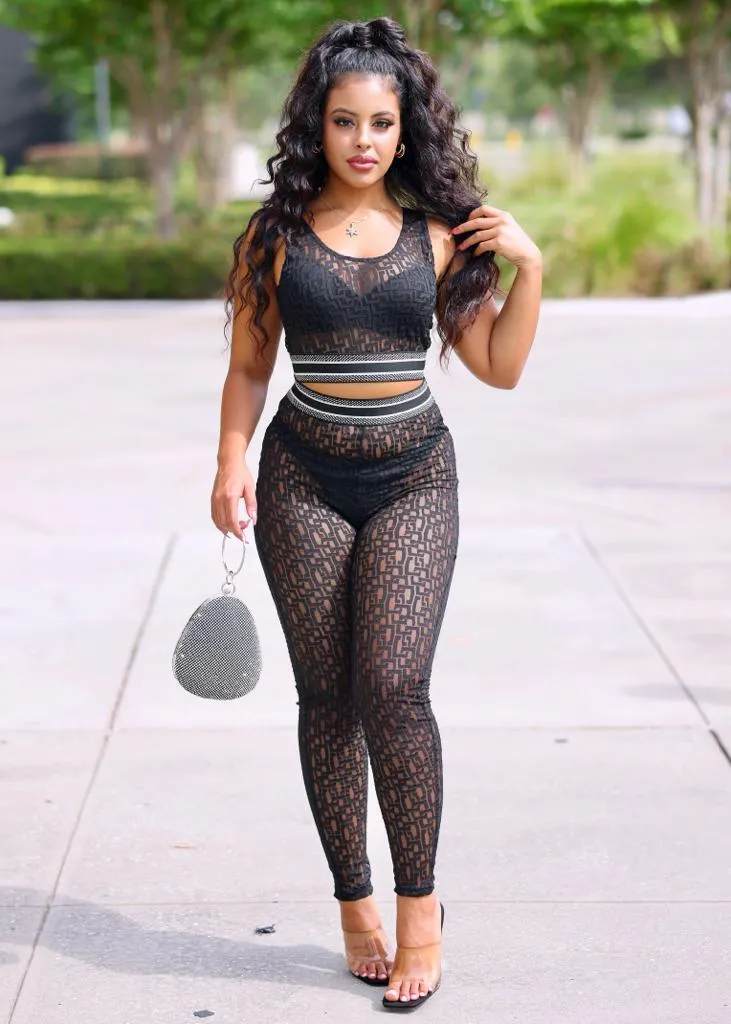 Mariel Two Piece Sheer Mesh Crop Top And Leggings Set - Black