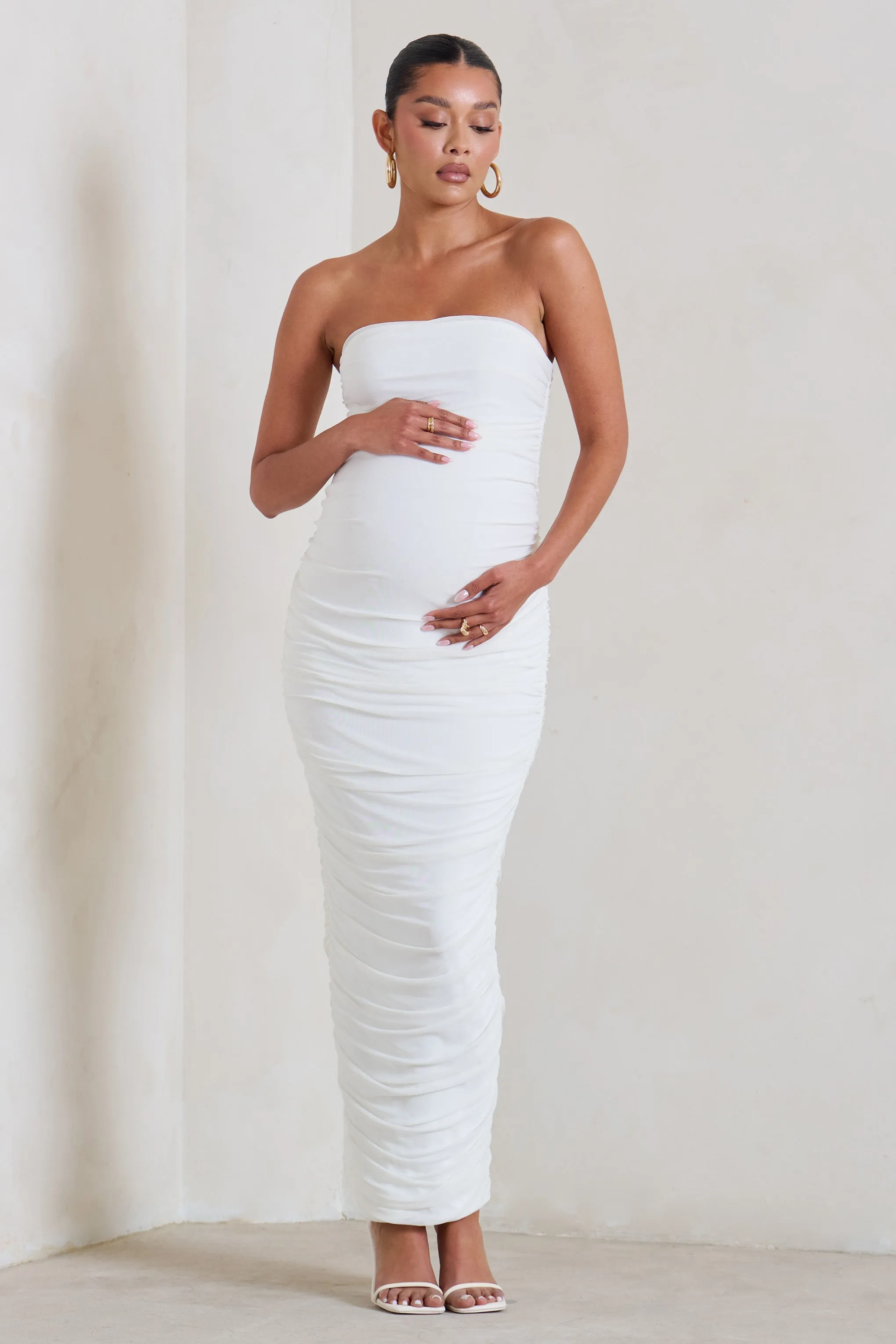 My Lady | Maternity White Strapless Bodycon Ruched Mesh Maxi Dress