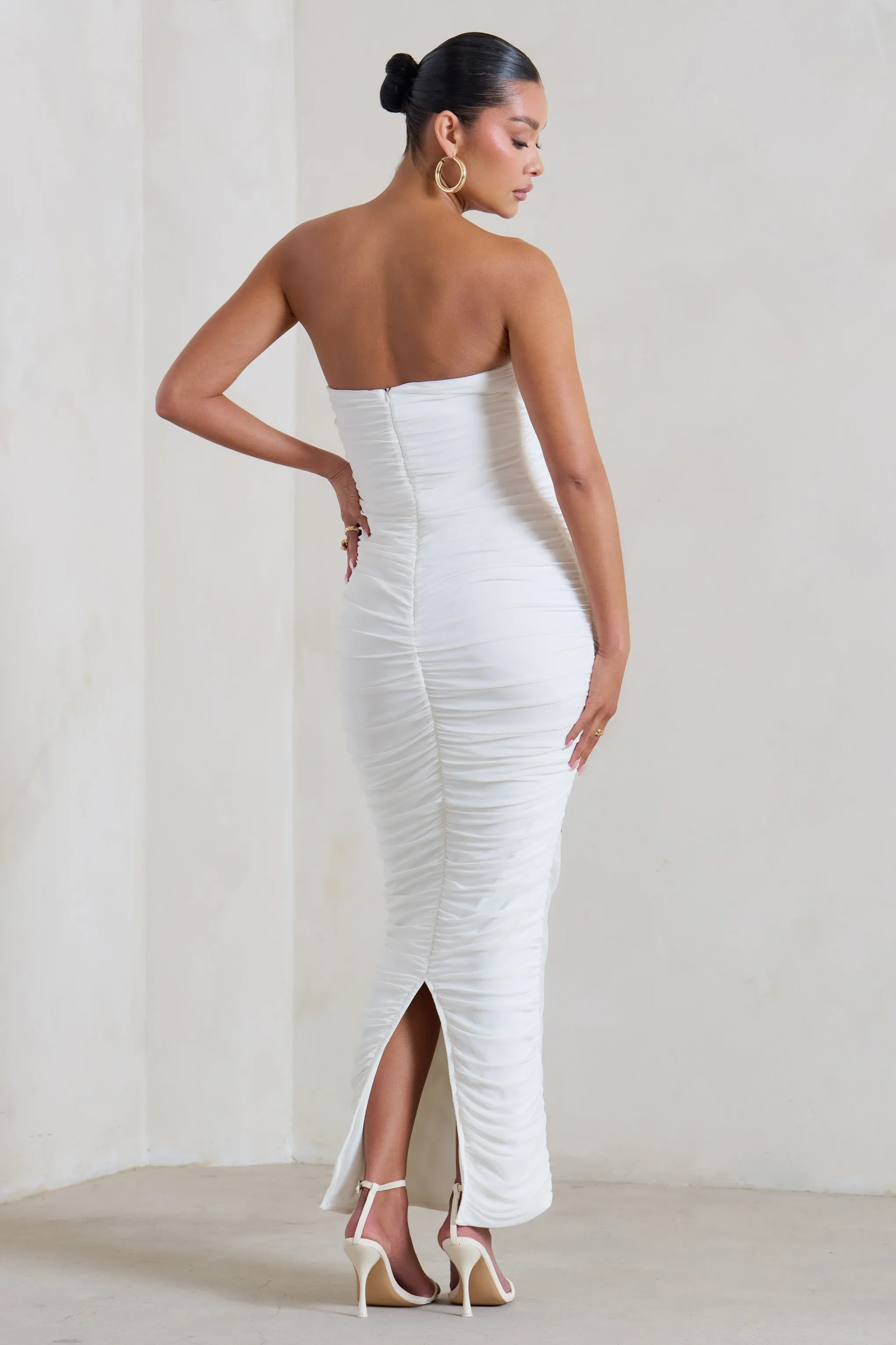 My Lady | Maternity White Strapless Bodycon Ruched Mesh Maxi Dress