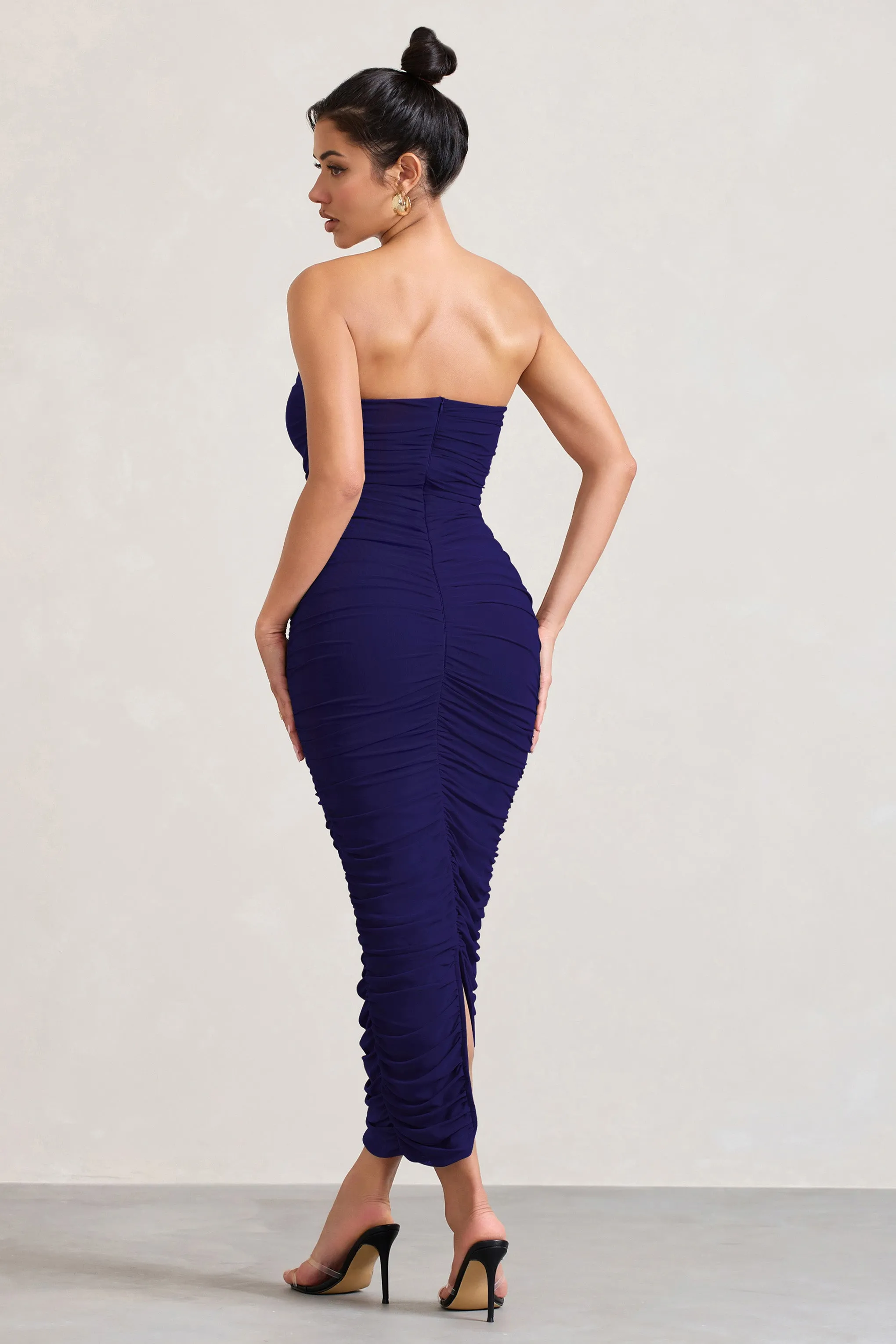 My Lady | Purple Strapless Bodycon Ruched Mesh Maxi Dress