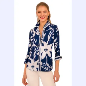 Stylish Navy and White Floral Print Button-Up Shirt for Men