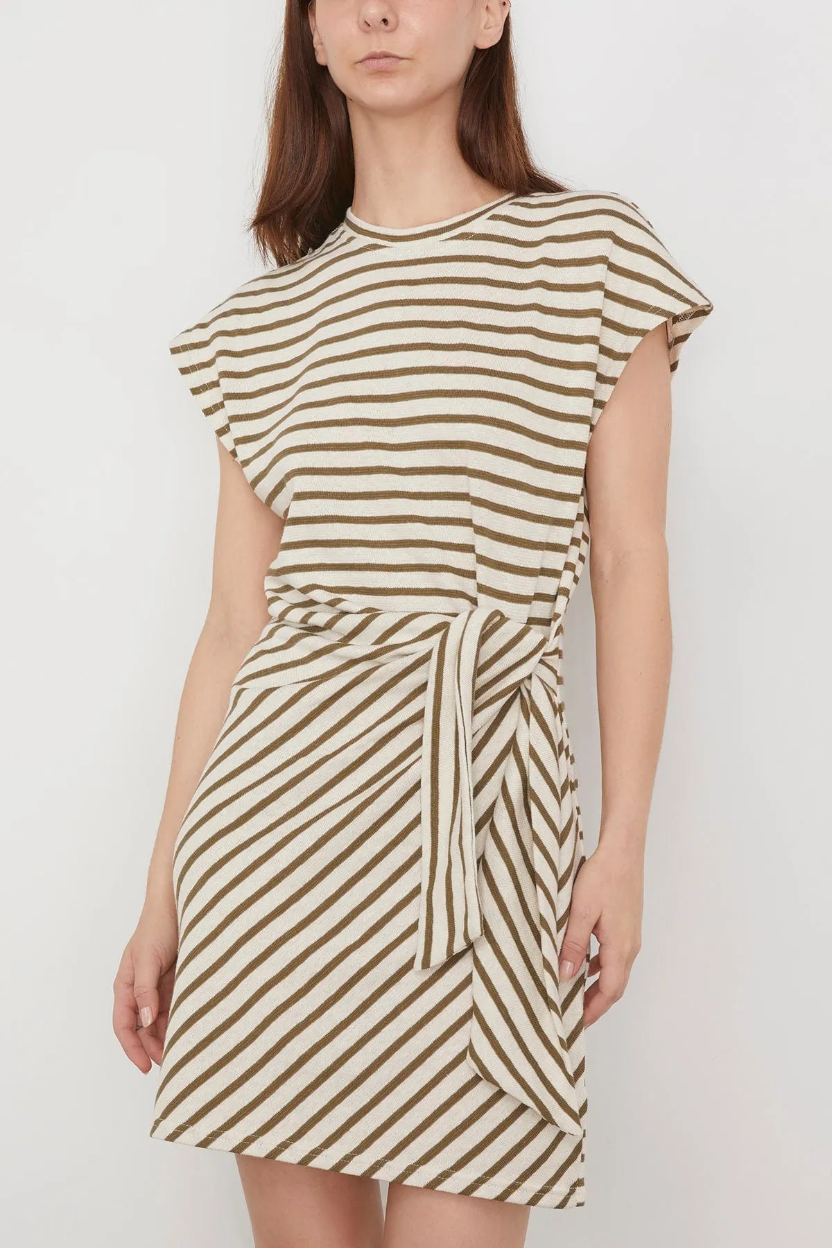 Nina Cinched Mini Dress in Cream and Olive Stripe