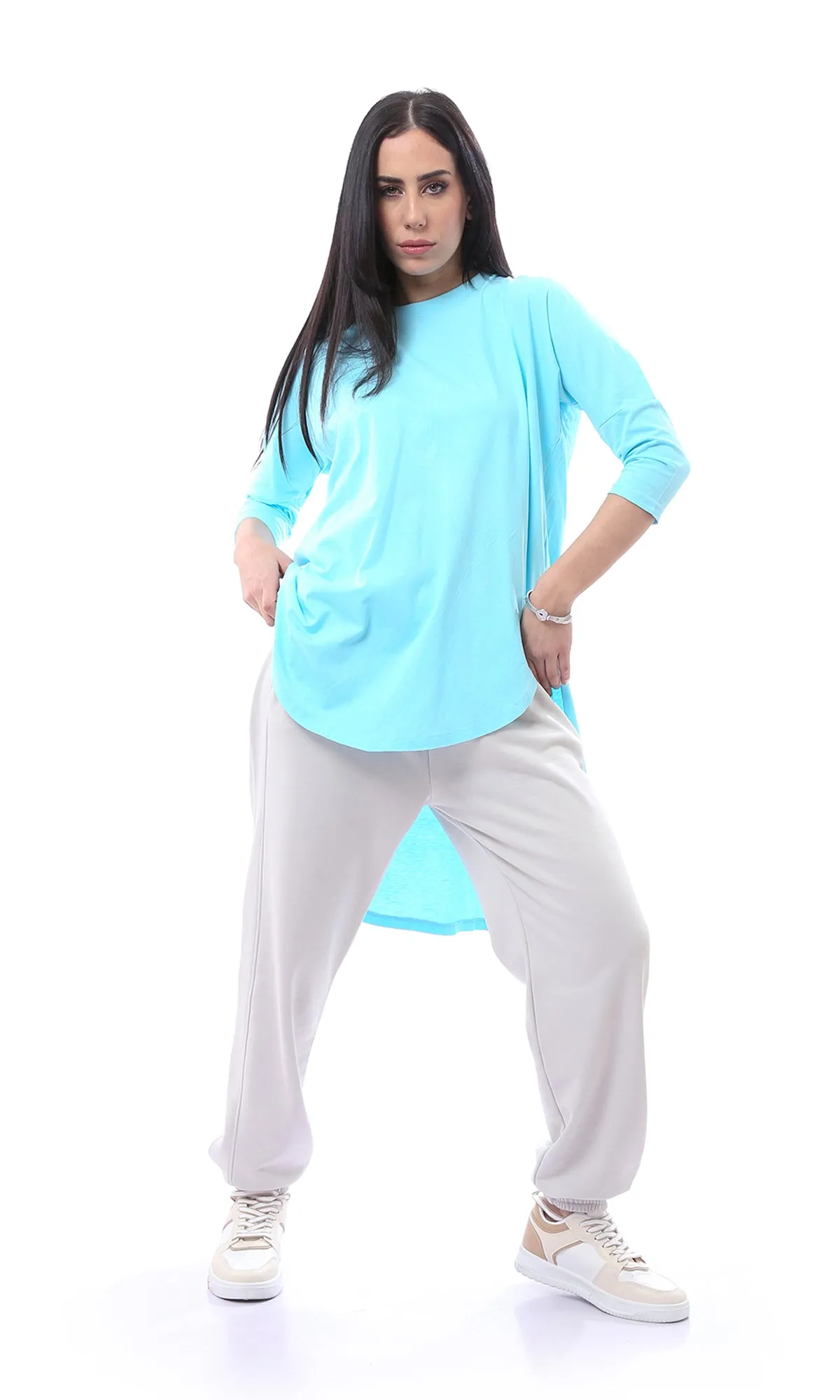 O165465 Sky Blue Loose Elbow Sleeves Solid Long Tee