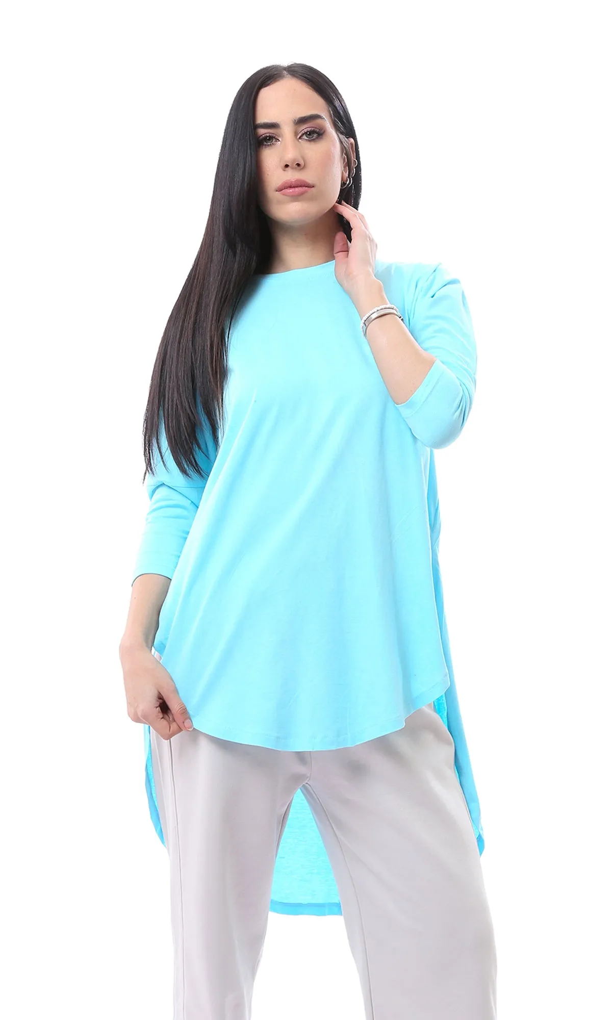 O165465 Sky Blue Loose Elbow Sleeves Solid Long Tee