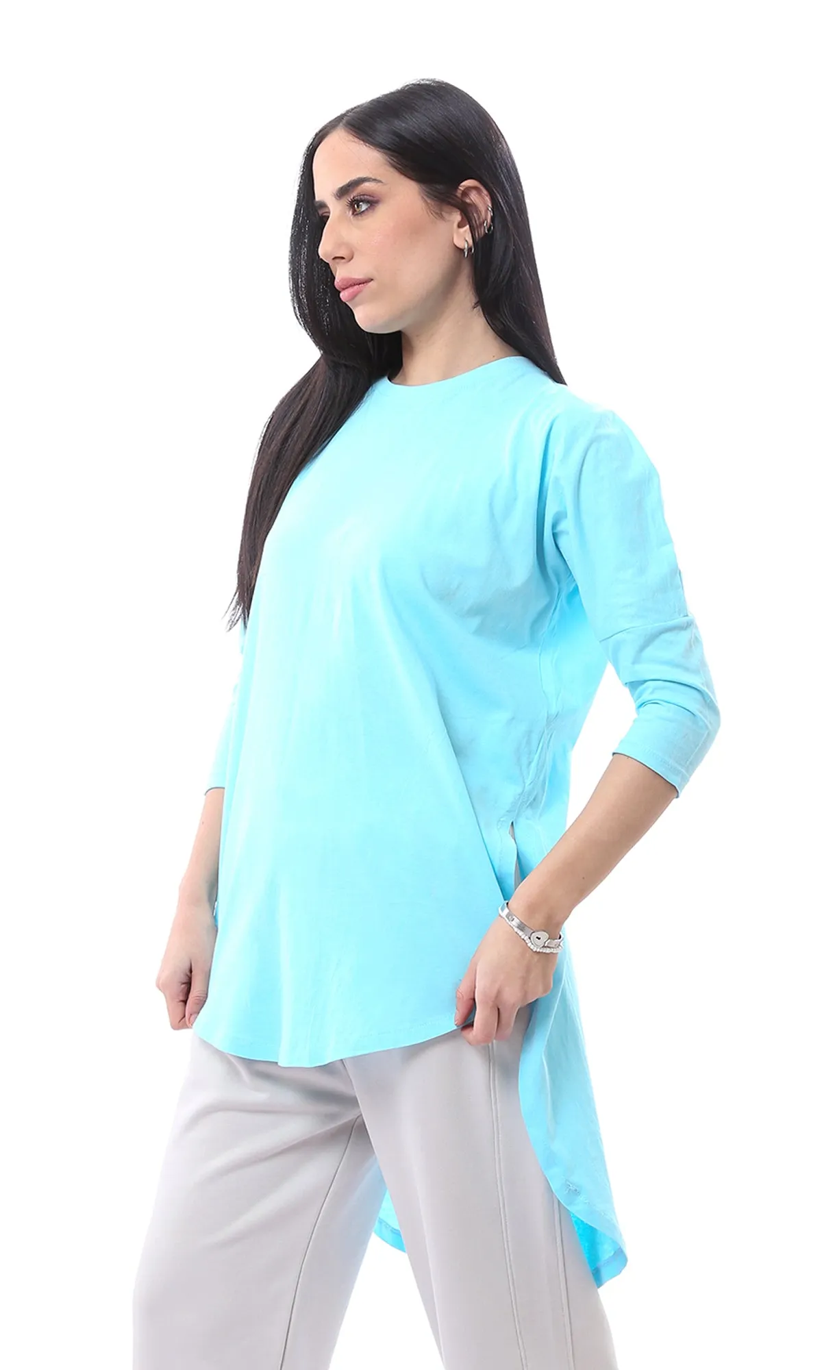 O165465 Sky Blue Loose Elbow Sleeves Solid Long Tee