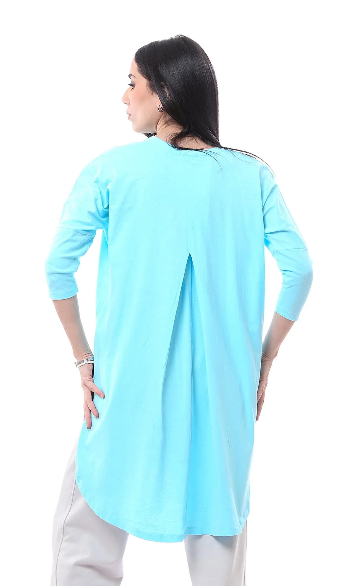 O165465 Sky Blue Loose Elbow Sleeves Solid Long Tee