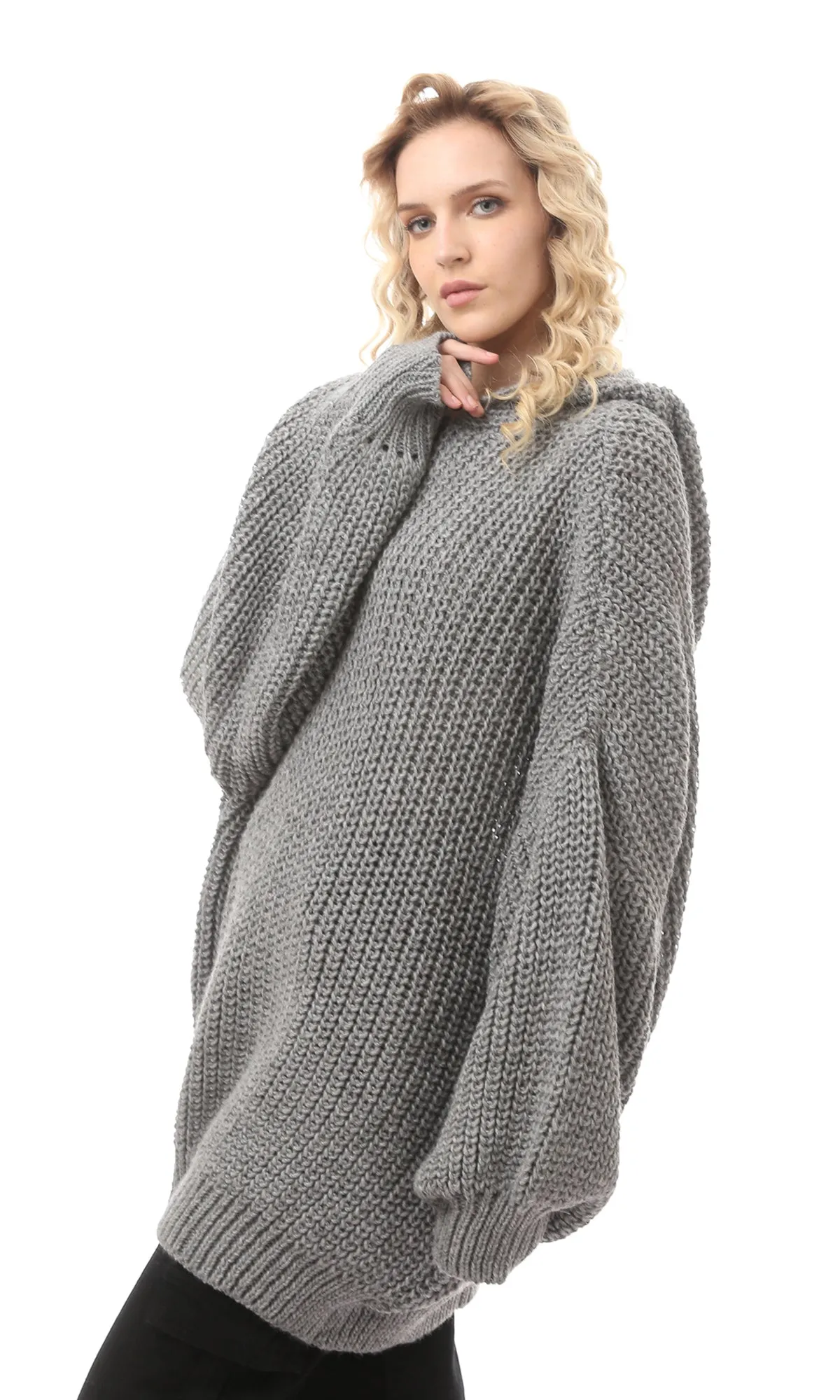 O168904 Oversized Grey Knitted Slip On Pullover