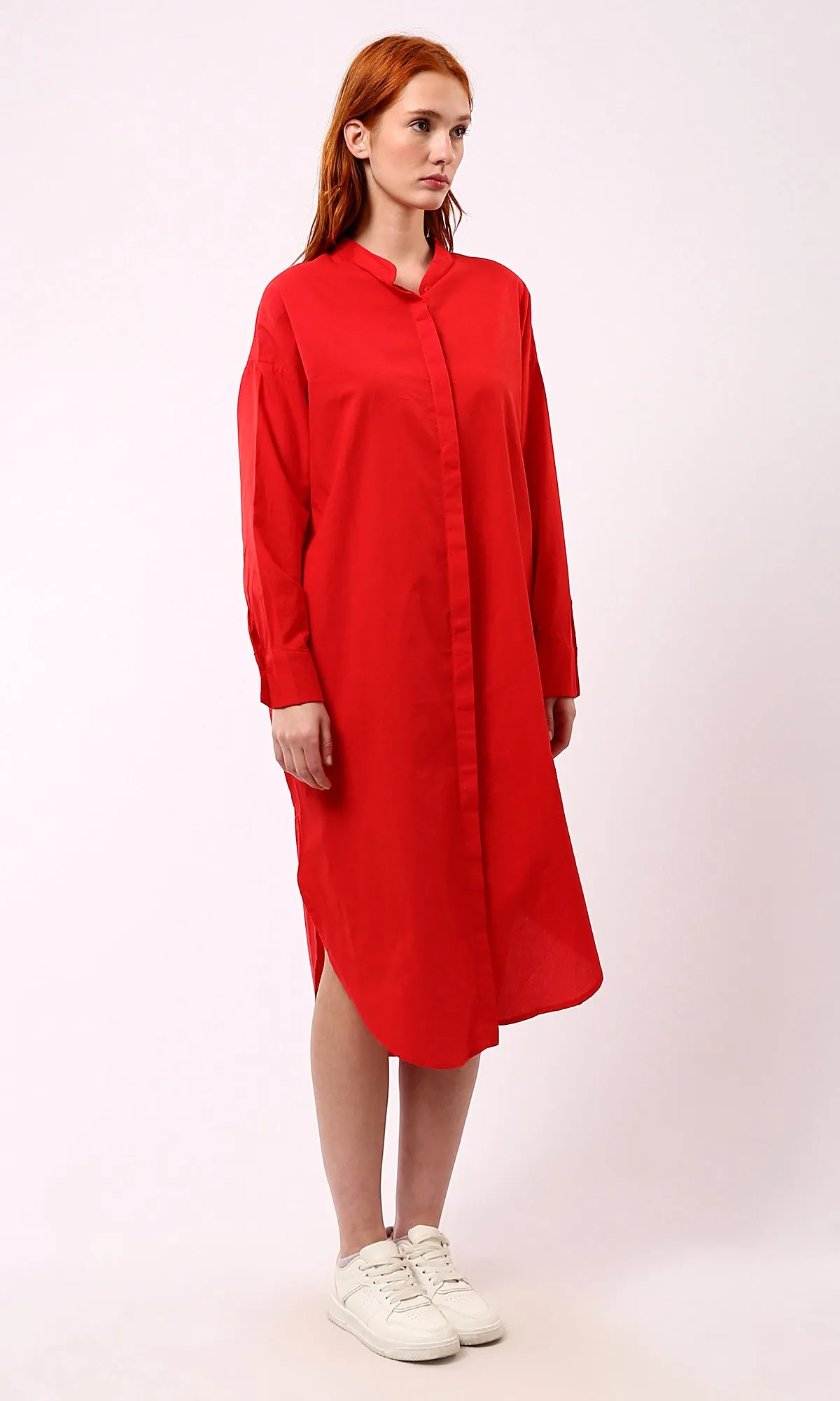 O179182 Long Sleeves Red Shirt Dress With Front Hidden Buttons