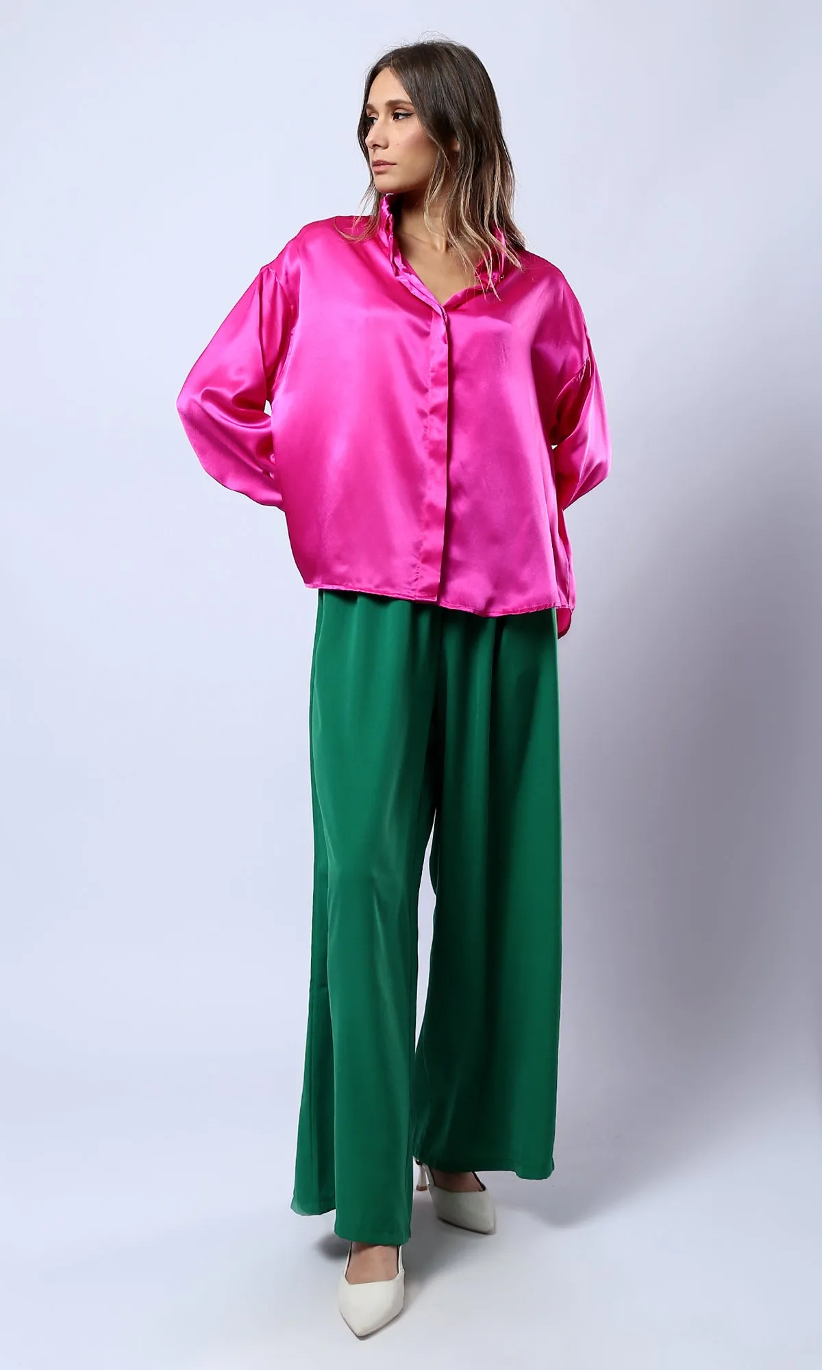 O179826 Elastic Waist Slip On Green Wide Pants