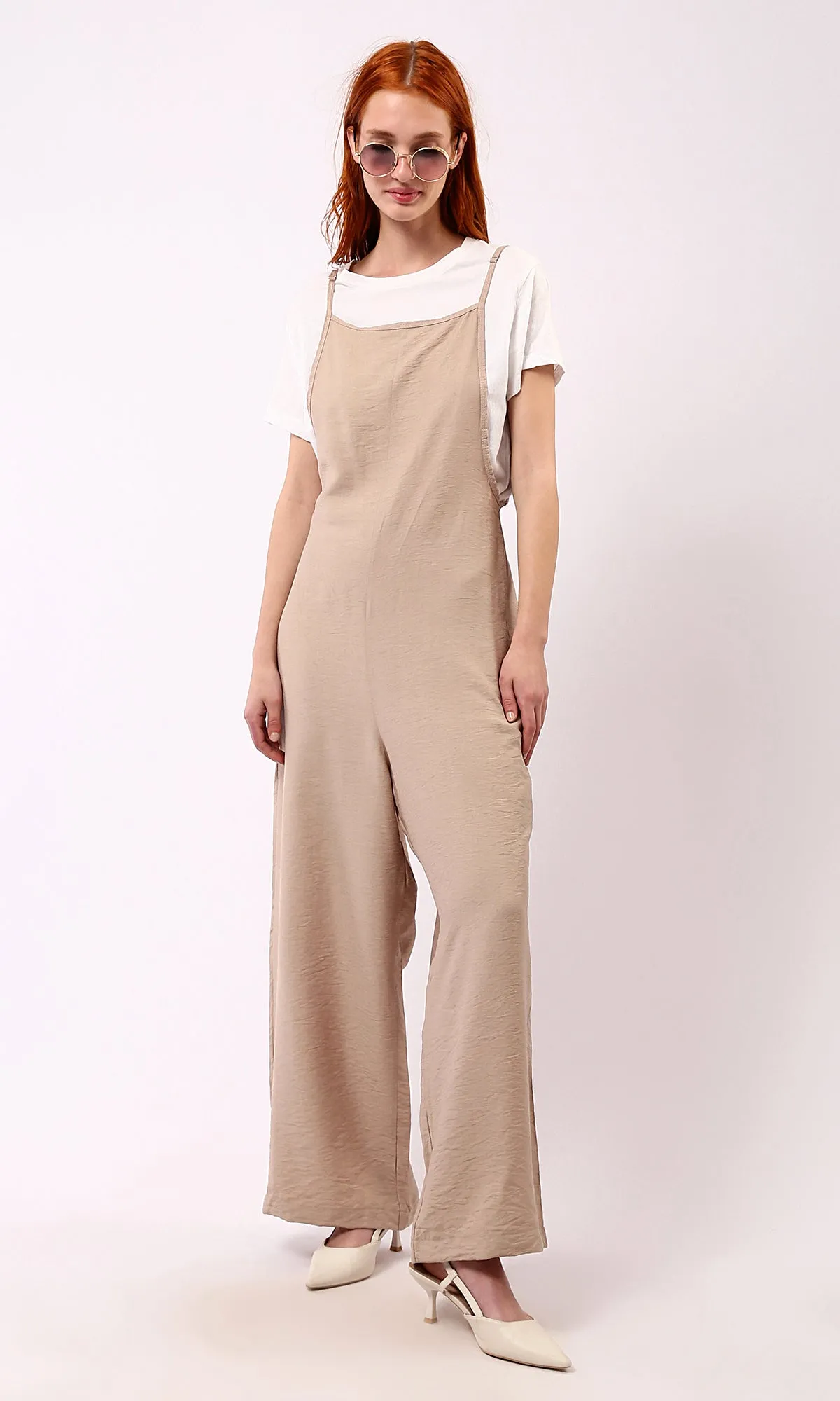 O181650 Square Neck Sleeveless Trendy Relaxed Jumpsuit - Light Coffee