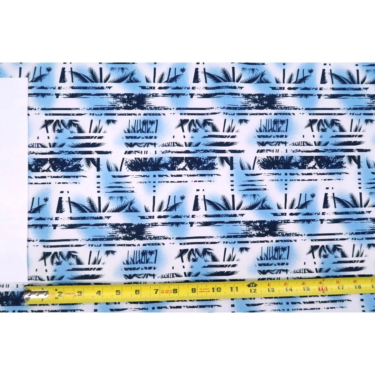 Palm Tree Border Abstract Print 100% Cotton Fabric -White/Blue C149B