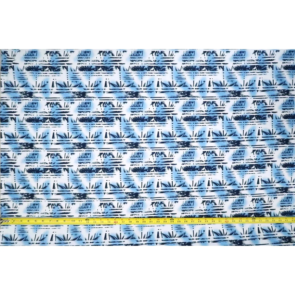 Palm Tree Border Abstract Print 100% Cotton Fabric -White/Blue C149B