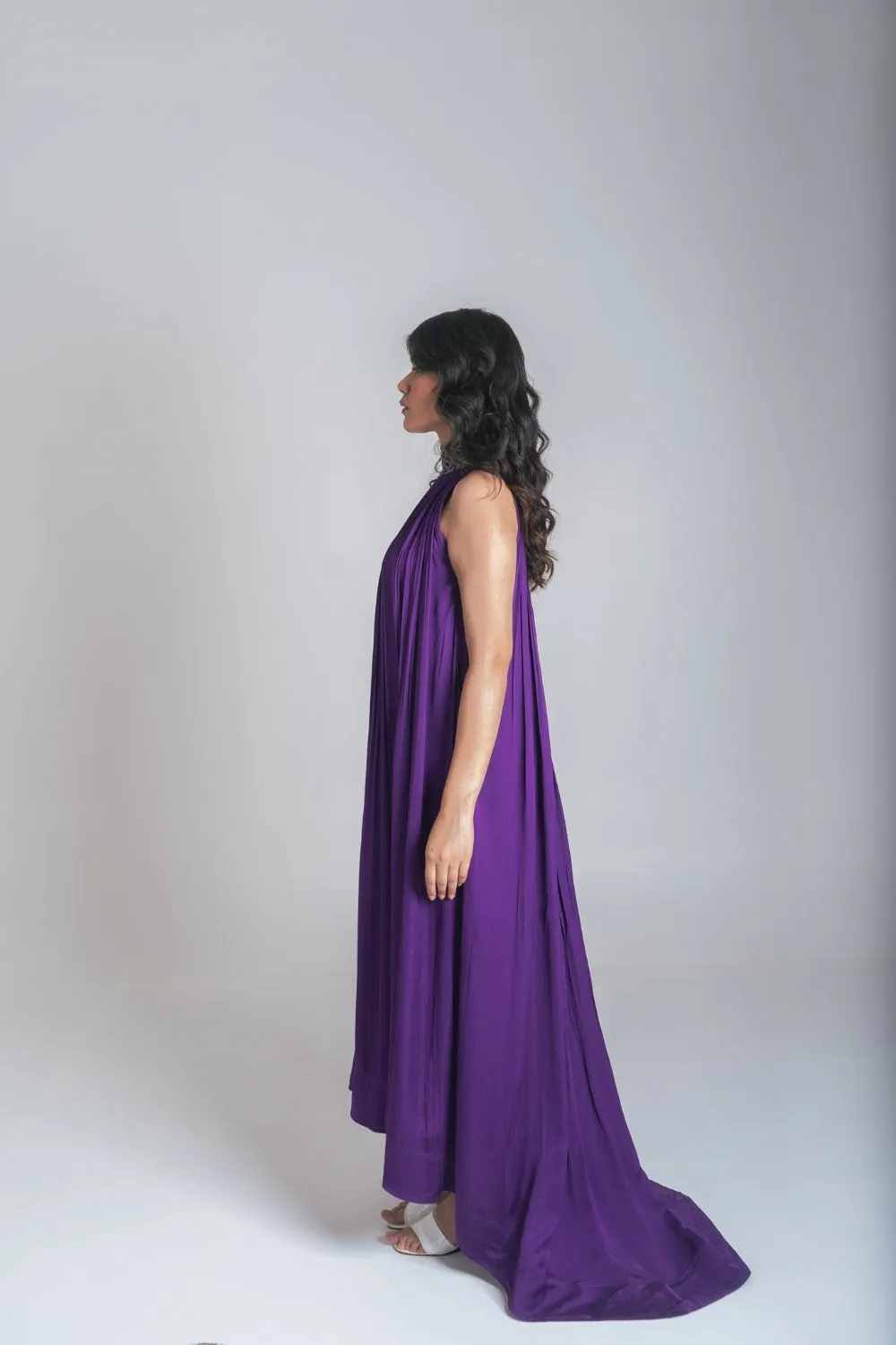 Purple Green Braided Halter Neck Gather Gown