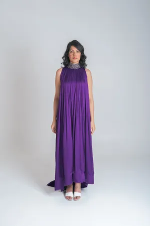 Purple Green Braided Halter Neck Gather Gown