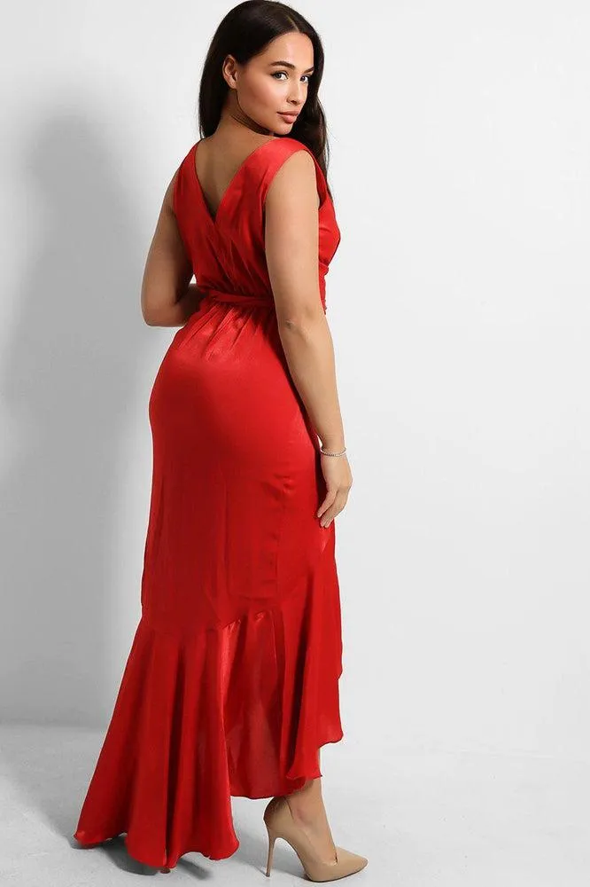 Red Frilled Wrap Maxi Dress