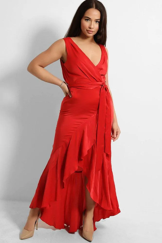 Red Frilled Wrap Maxi Dress