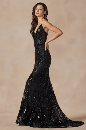 Sequin lace embellishments fitted prom gown