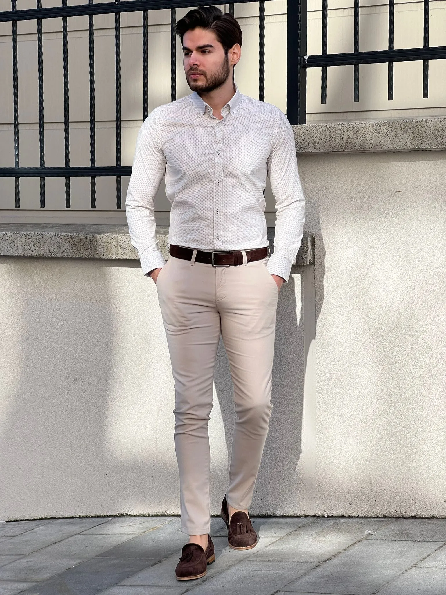 Slim Fit Patterned Cotton Beige Shirt