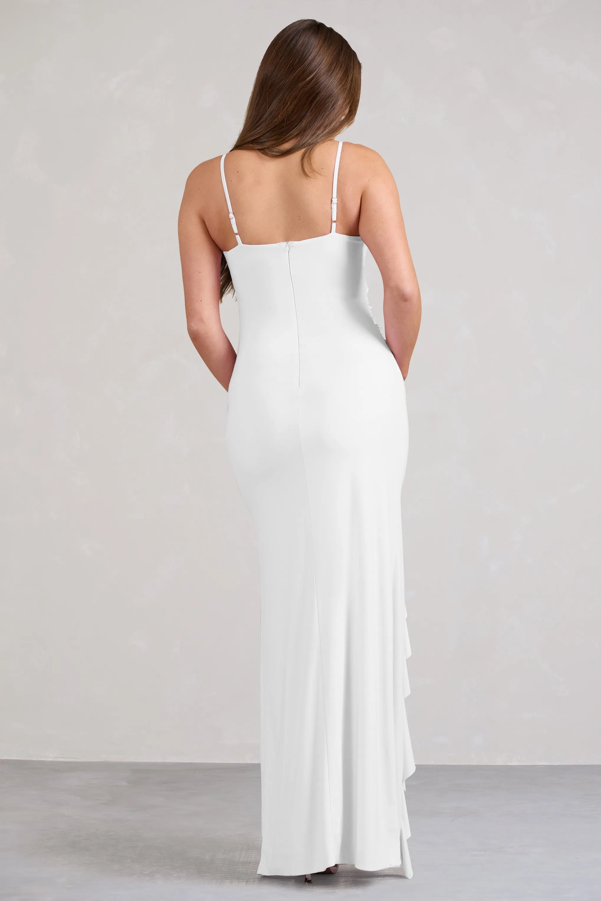 Susan | White Maternity Bandeau Ruffle Maxi Dress With Thigh Splits