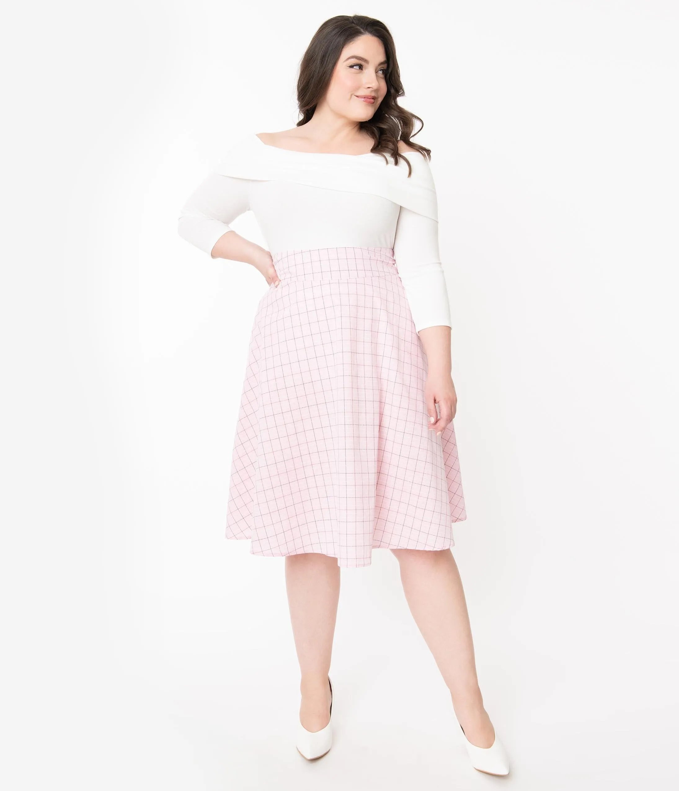 Unique Vintage Plus Size Retro Pink Checkered Vivien Swing Skirt