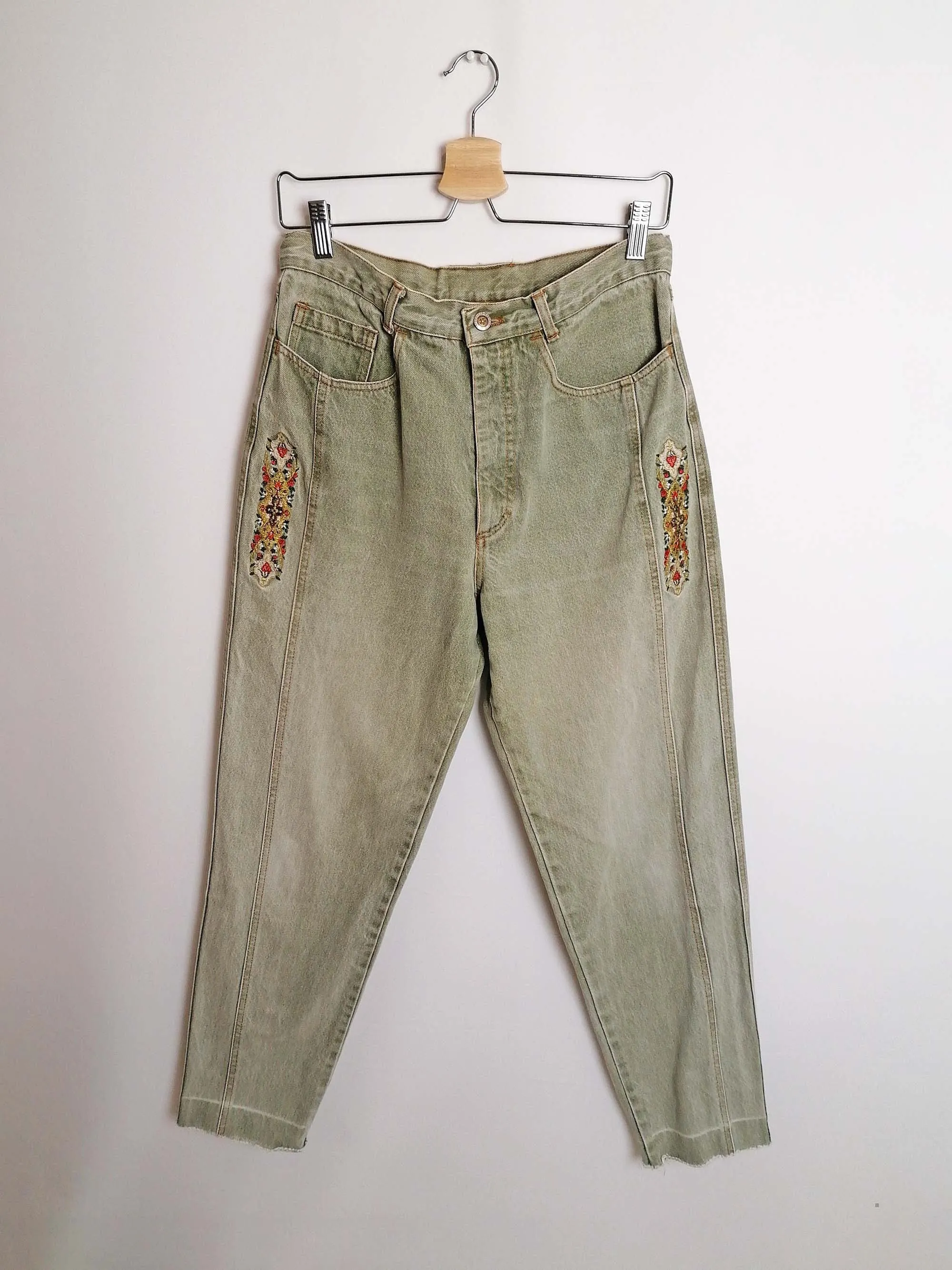 Vintage 80's COTTON LINE High Waist Mom Jeans Embroidery - size S-M ( 30 waist)