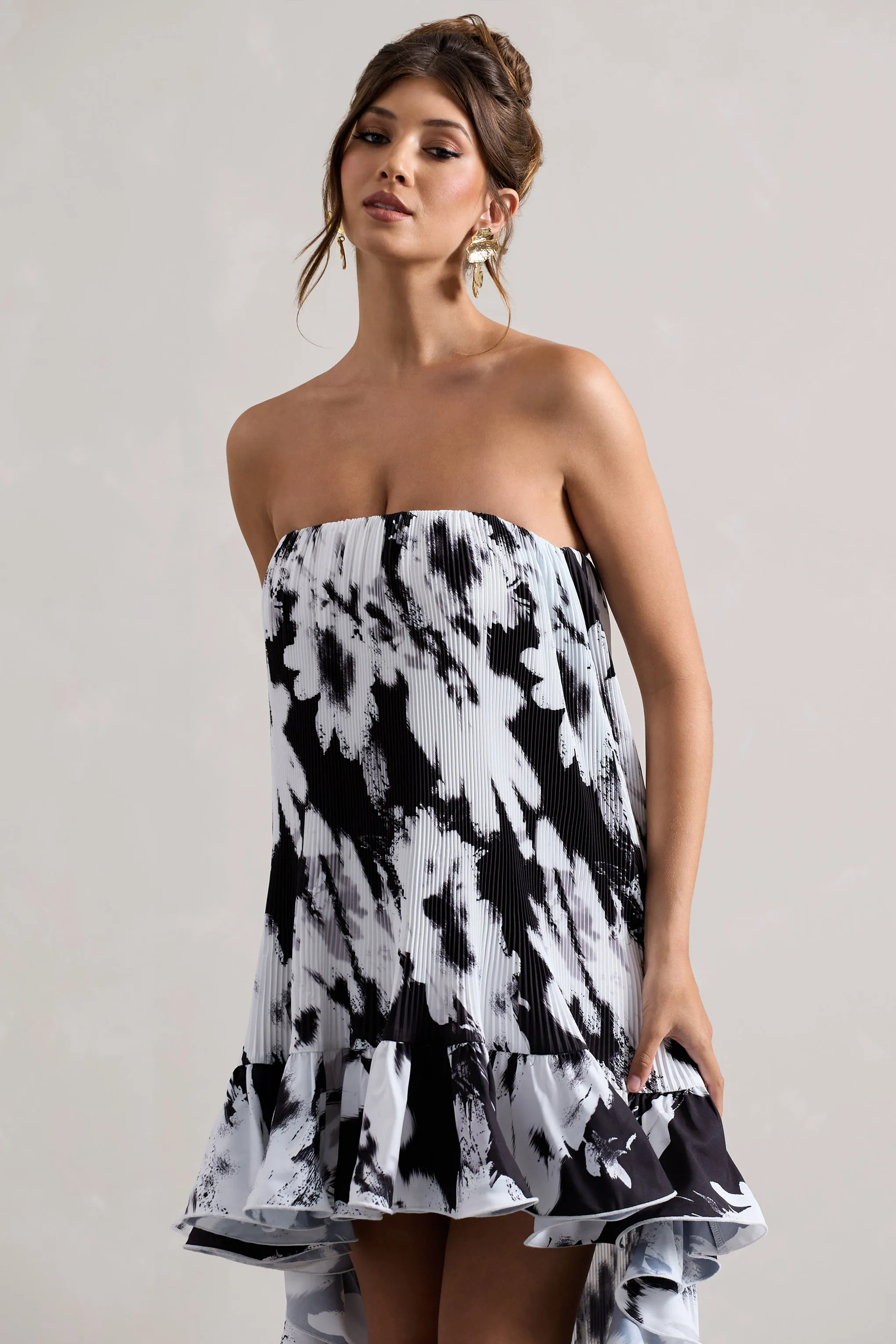 Whistler | Monochrome Floral Chiffon Bandeau High-Low Ruffled Maxi Dress