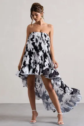 Whistler | Monochrome Floral Chiffon Bandeau High-Low Ruffled Maxi Dress