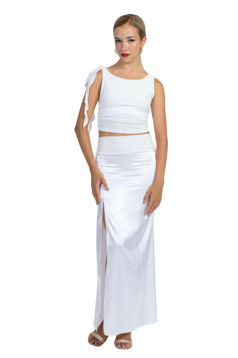 White Shiny Satin Maxi Skirt With Back Movement