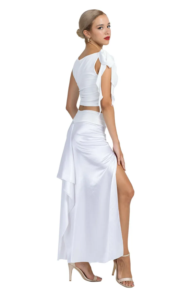 White Shiny Satin Maxi Skirt With Back Movement