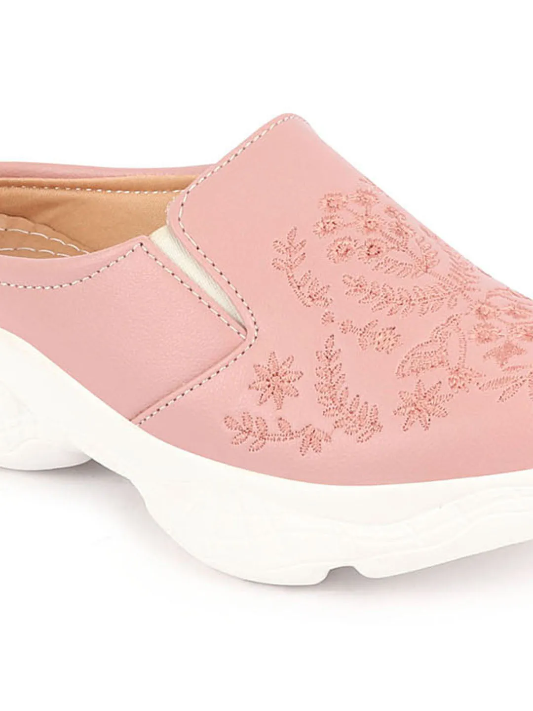 Women Pink Floral Print Embroidery Design Back Open Slip On Mules Shoes