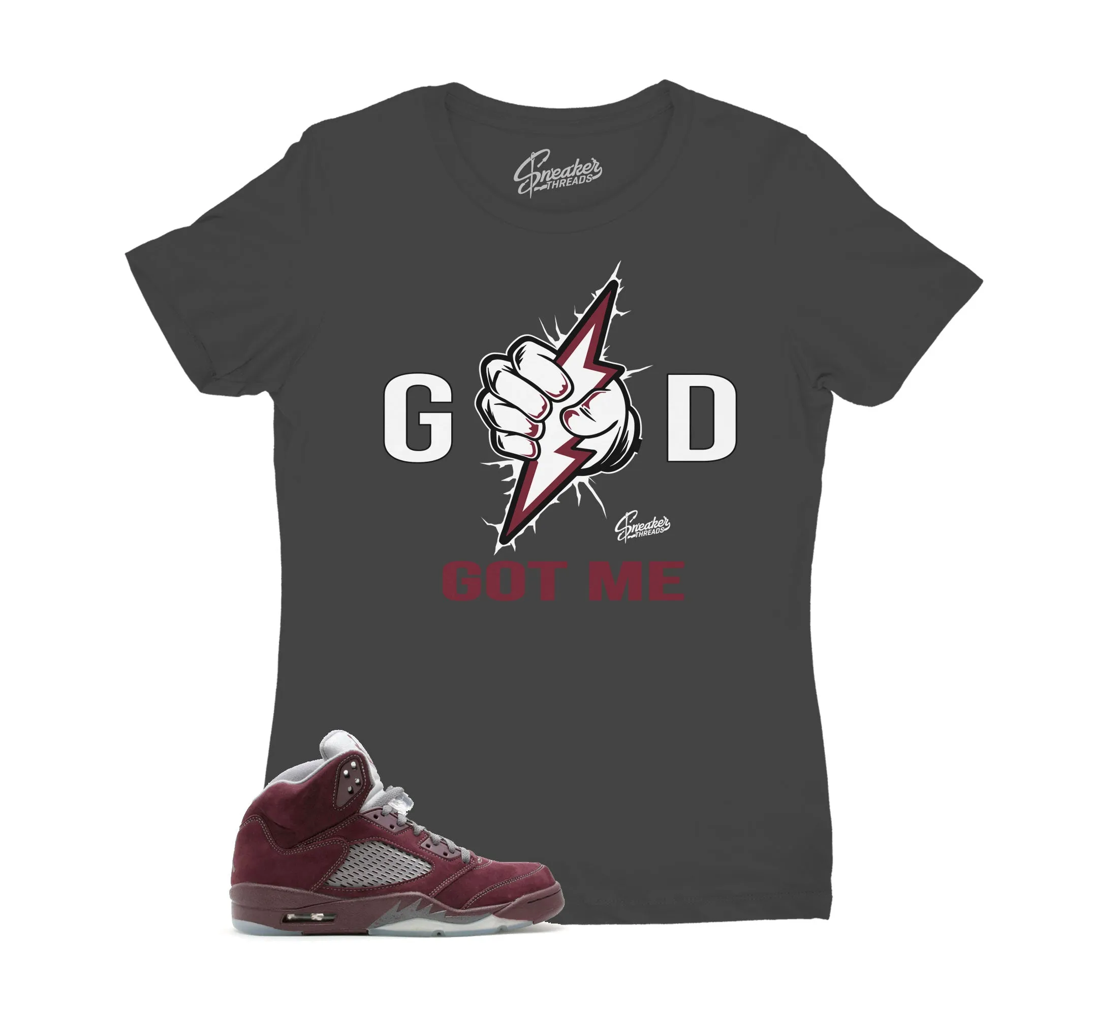 Womens Burgundy 5 Shirt - God Got Me - Charcoal