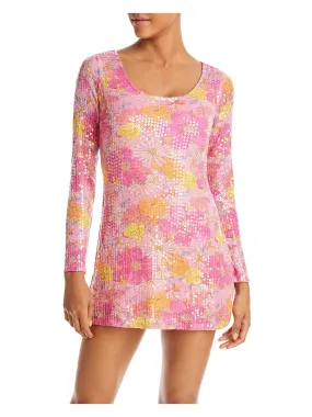 Womens Floral Print Sequined Shift Dress