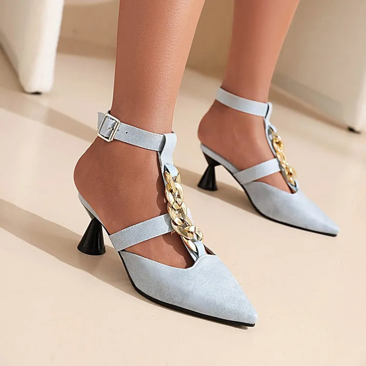 Women's Metal Chains Pointed Toe Buckle Straps Spool Heel Sandals