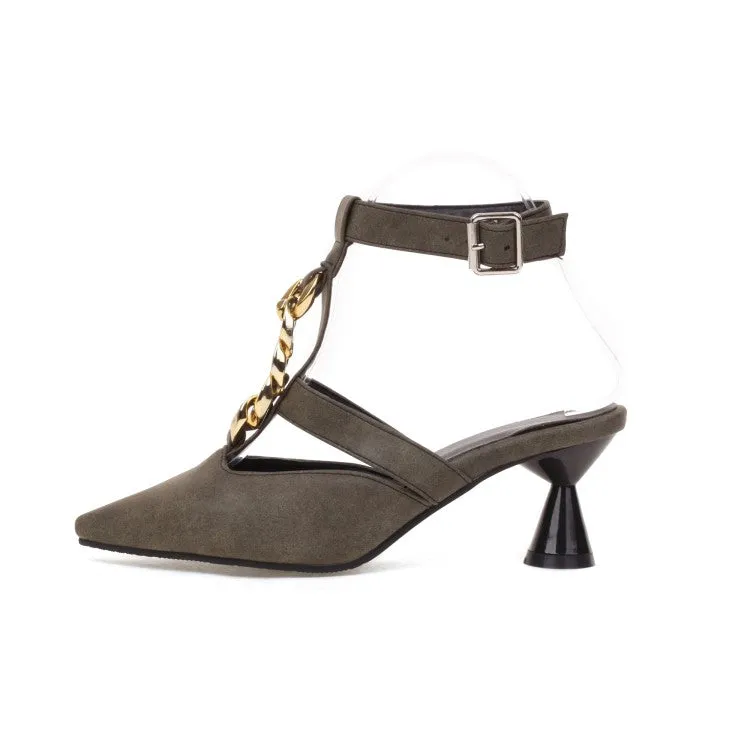 Women's Metal Chains Pointed Toe Buckle Straps Spool Heel Sandals