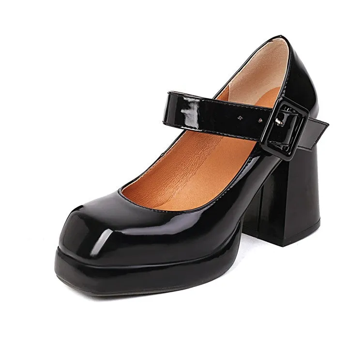 Women's Platform Pumps Mary Janes Buckle Straps Block Chunky Heels