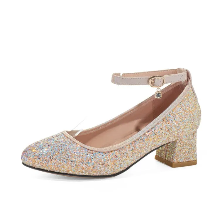 Women's Sequined Mary Jane Block Heels Pumps