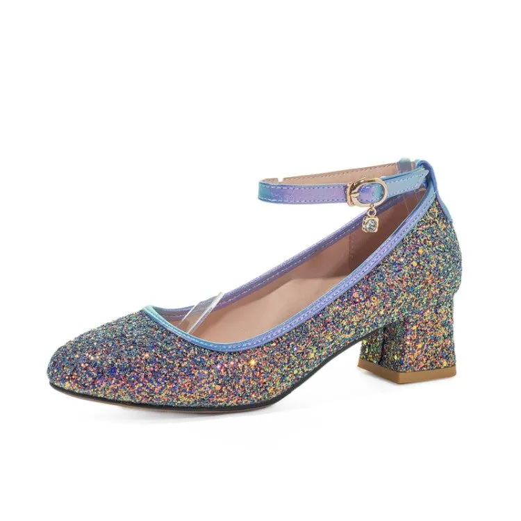 Women's Sequined Mary Jane Block Heels Pumps