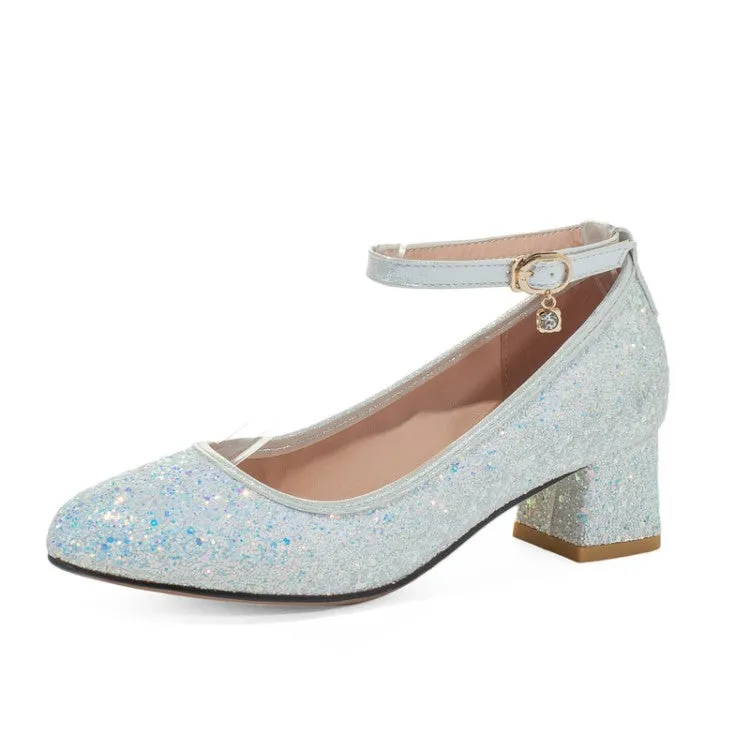 Women's Sequined Mary Jane Block Heels Pumps