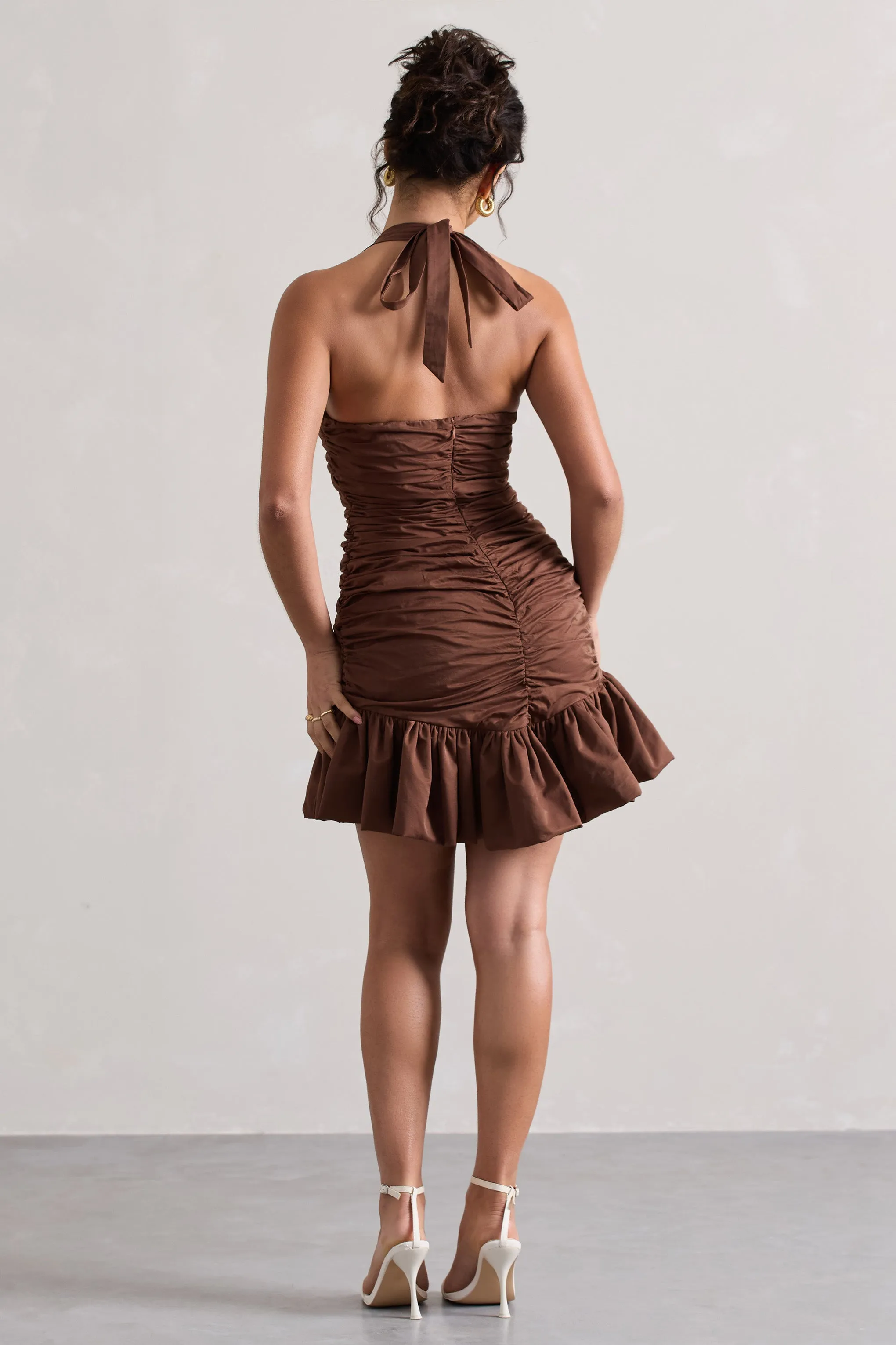 Zahra | Chocolate Brown Halter-Neck Ruched Mini Dress With Ruffle Hem